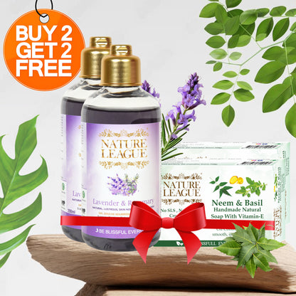 BUY 2  LAVENDER & ROSEMARY , Natural , Lustrous , Skin Nourishing Body Wash (2x 200 ml ) & Get 2 NEEM & BASIL , Natural Handmade Soap 100 gms each FREE