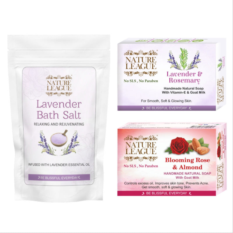 Natural Skin Nourishing Bath & Body Combo of Handmade Soaps with Lavender Bath Salt (Pack of 3)