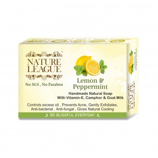 NATURE LEAGUE - LEMON & PEPPERMINT, Natural Handmade, Skin nourishing, Cooling Soap, with Natural Oils, Goat Milk, Vitamin-E, Camphor, SLS & Paraben Free, 100 gms