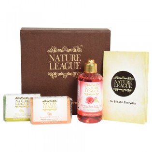 Nature League GIFT BOX | BLOOMING ROSE AND TEA TREE - NATURAL BODY WASH – 200 ml | OLIVE & BASIL + ORANGE & CINNAMON - NATURAL HANDMADE SOAP – 100 gm EACH | NO SULPHATE, PARABENS, PHTHALATE | ANIMAL CRUELTY FREE (1 Items in the set)